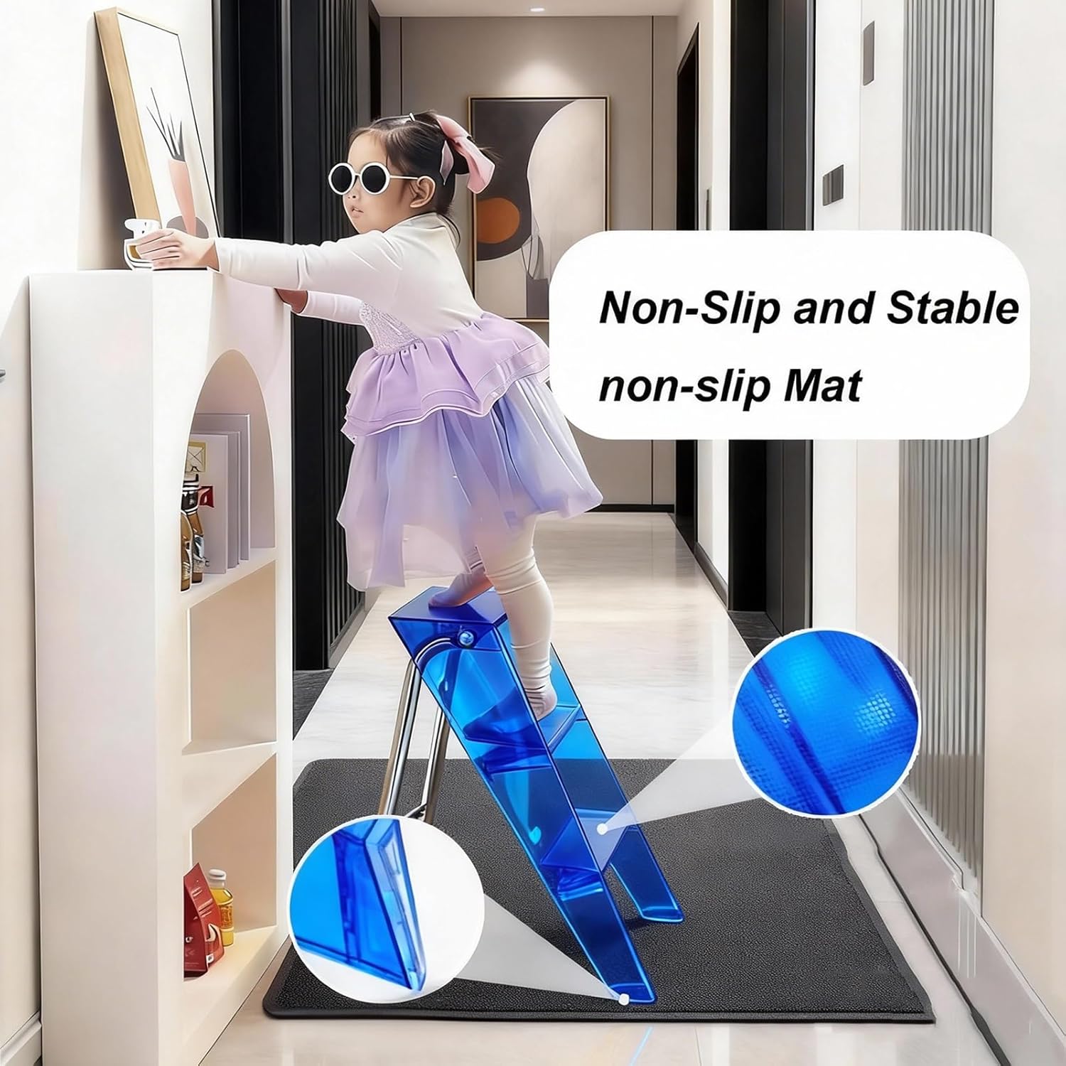 Blue Foldable Step Stool Acrylic + Chrome-Plated Steel Tubing Indoor Non-Slip Three-Step Ladder Space-Saving Wide Steps Multi-Functional Shelf Triangular Mechanical Structure