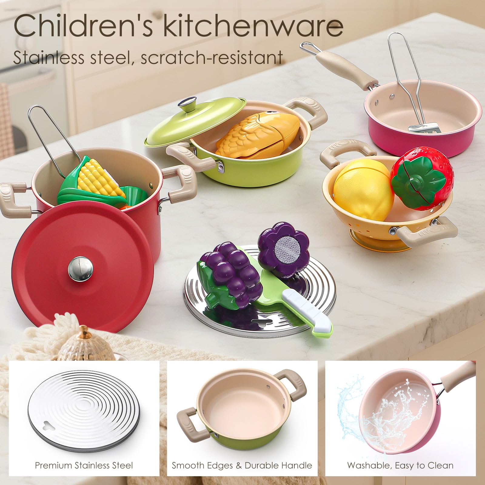 Tacobear Kinderküche Zubehör Kochset Topf Pfanne Edelstahl Kochgeschirr Set mit Obst Lebensmittel Schürze Spielküche Küchenzubehör Rollenspiel Spielzeug ab 3 Jahre Mädchen Junge Geschenk