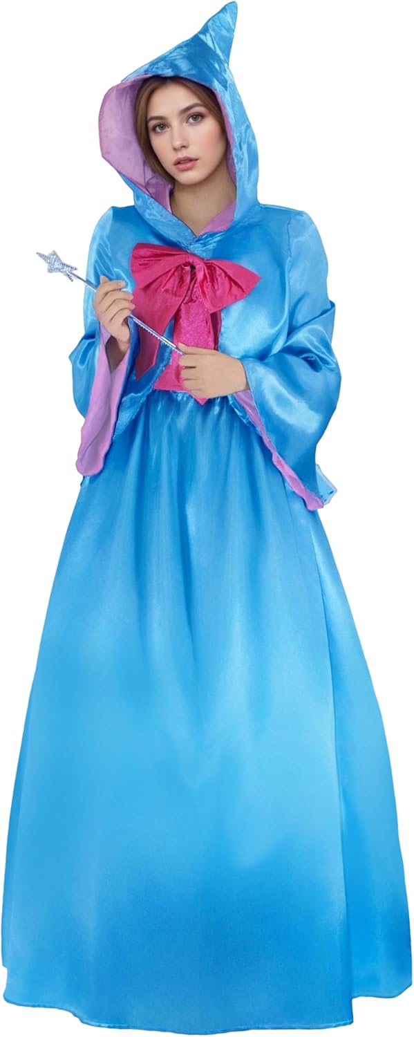 Fairy Cosplay Godmother Costume Women Hooded Cloak Cape Sleeveless Shirt Dress Magic Wand Bowtie Halloween Outfits