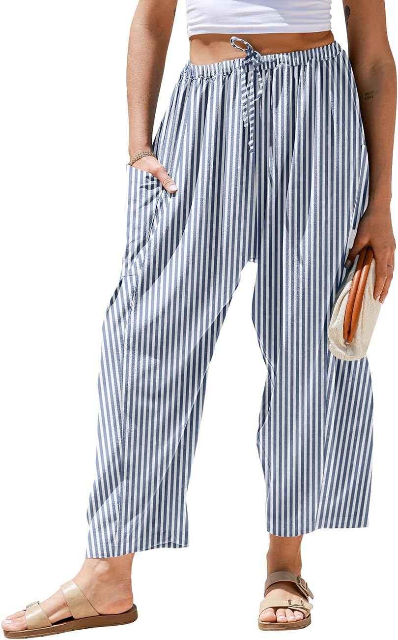 TARSE Womens Linen Wide Leg Striped Pants Casual Barrel Loose Drawstring Low Waist Palazzo Harem Pants with Pockets