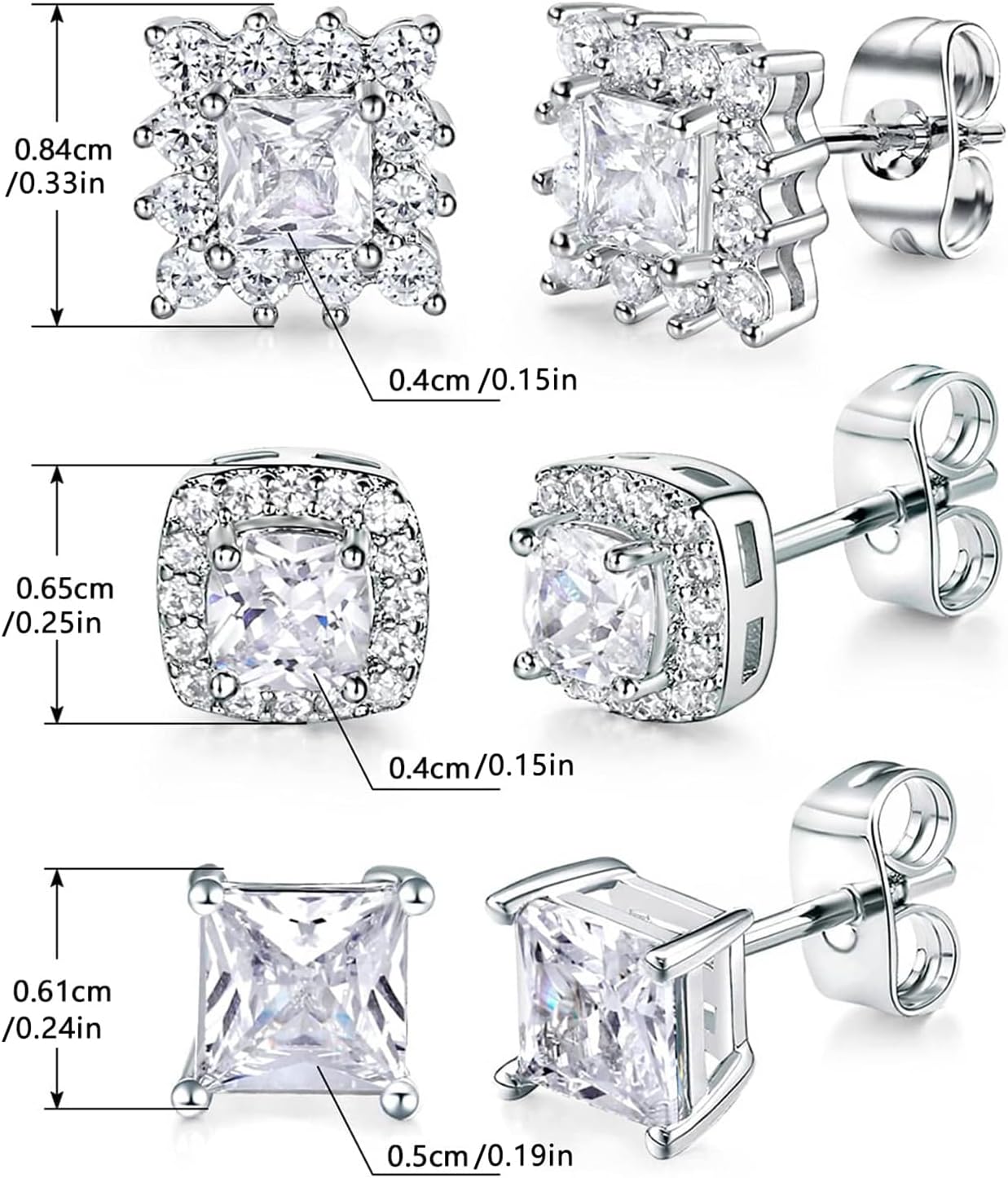 3 Pairs Stud Earrings Set 18K White Gold Plated wedding Earrings Hypoallergenic elegant silver women Square Cut Cubic Zirconia bridesmaid Earring - Image 2