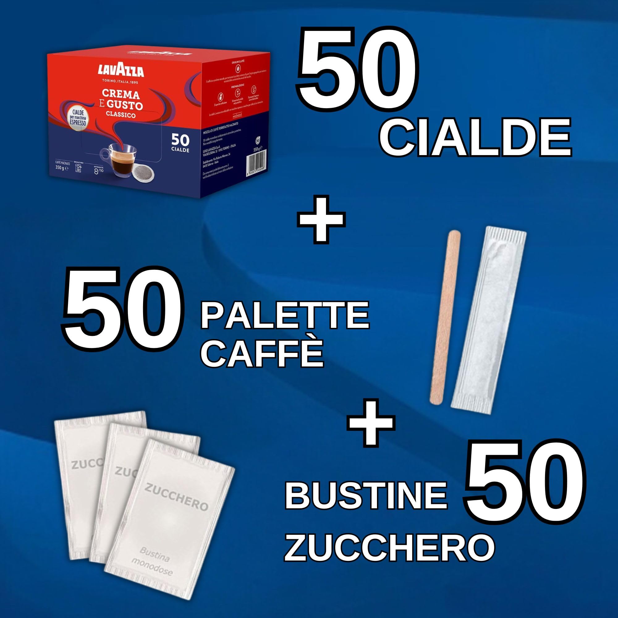 Kit de 50 cápsulas Lavazza crema y sabor + 50 paletas de café + 50 bolsitas de azúcar - Café dulce sabor ofrecido