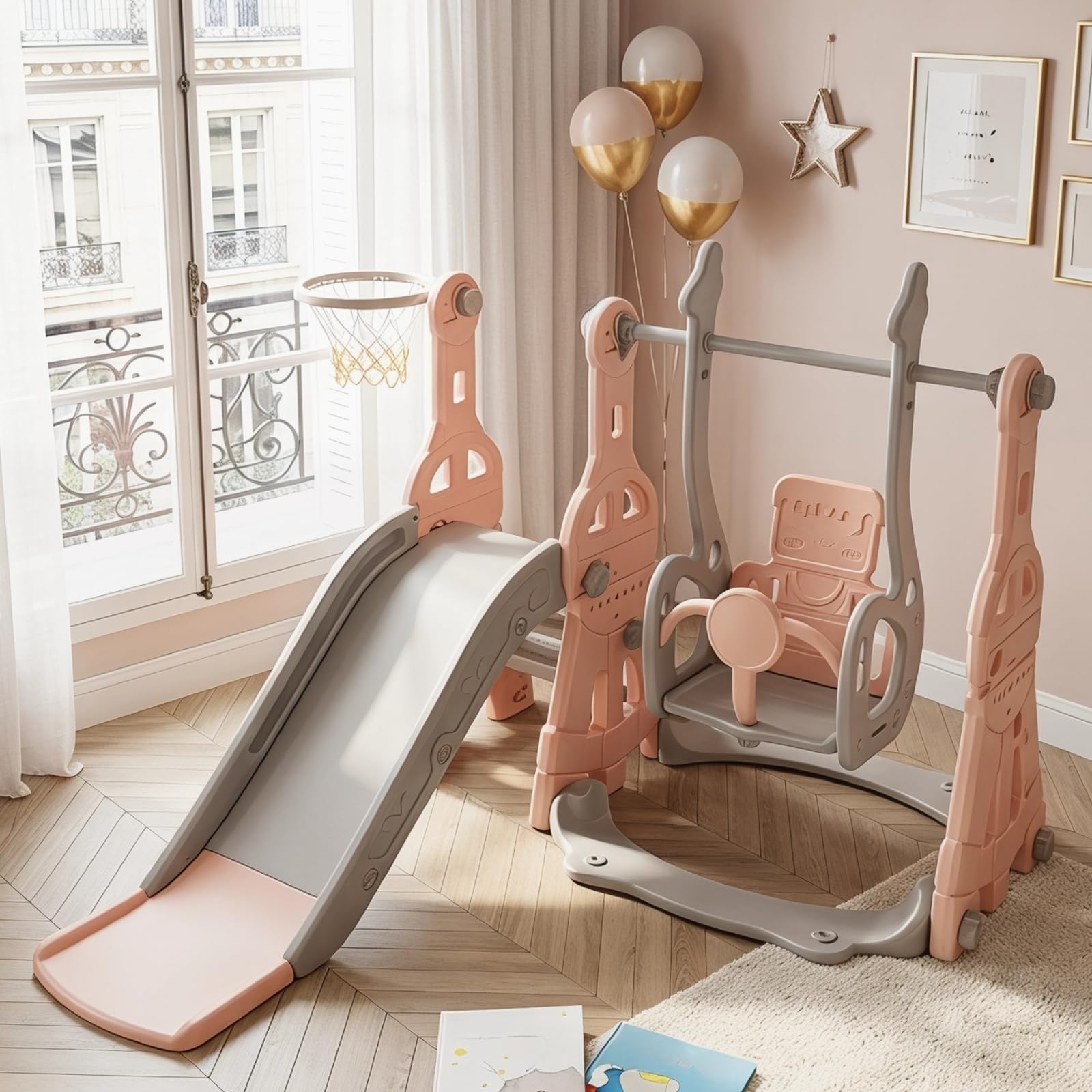 4 en 1 tobogán para niños, tobogán para bebés con anillo de baloncesto, toboganes, escaleras, columpios, tobogán multifunktionale interior y exterior para niños pequeños y preescolares (rosa)