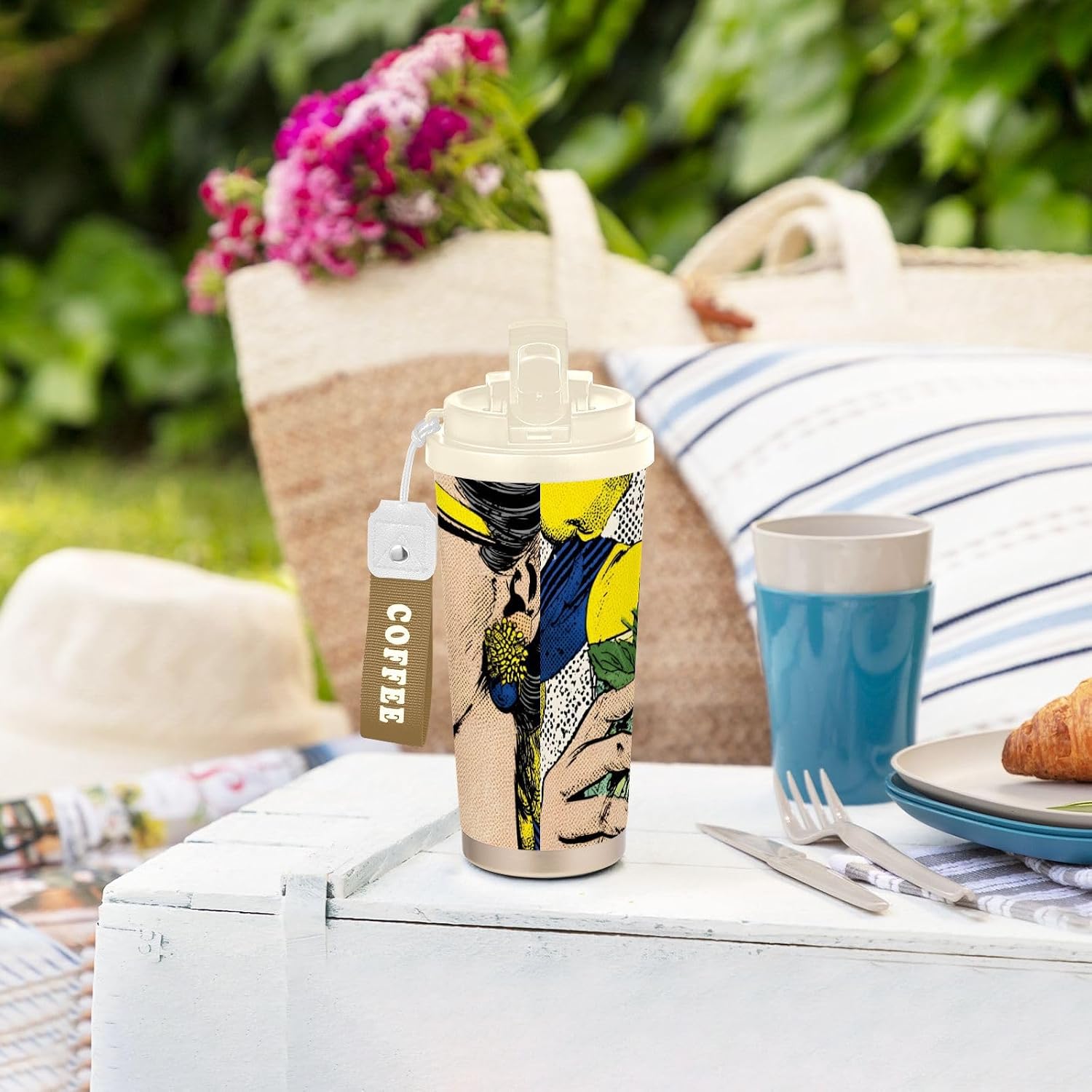 Woman Art Lemon Insulated Coffee Mug with Straw & Flip Lid, 16.9oz Iced Tumbler Cup, Double Wall Vacuum Leak-Proof Mug for Travel Office