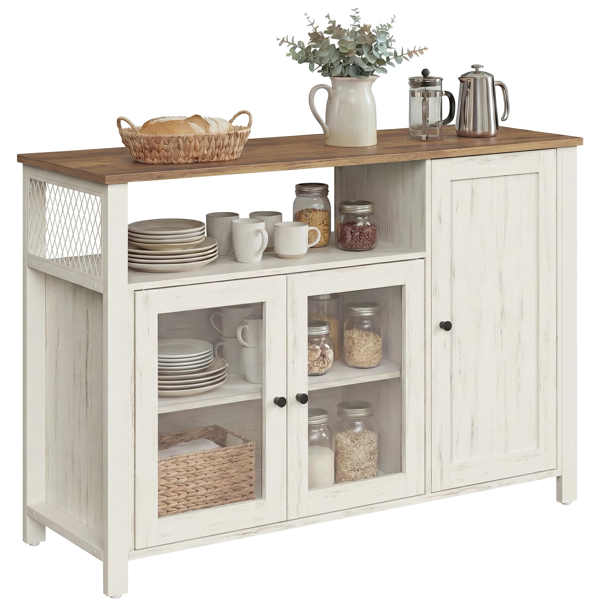 VASAGLE Sideboard, Küchenschrank, Aufbewahrungsschrank, mit 3 Türen, für Wohnzimmer, Küche, Esszimmer, 33 x 110 x 75 cm, Landhausstil, honigbraun-vintageweiß LSC096WJ02