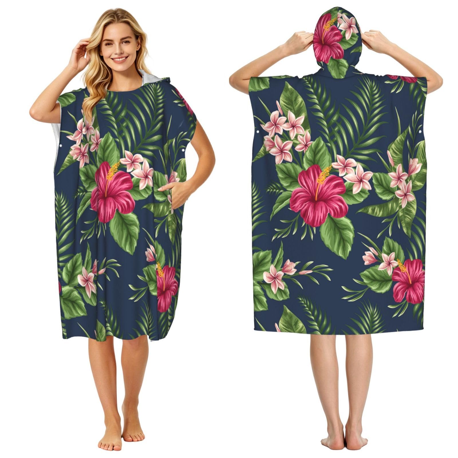 Poadnly Tropical Flowers Frangipani Hibiscus Nature, Adult Hooded Beach Towel 90 x 110 cm,Changing Bath Robe, Surf Poncho Towel For Women Men