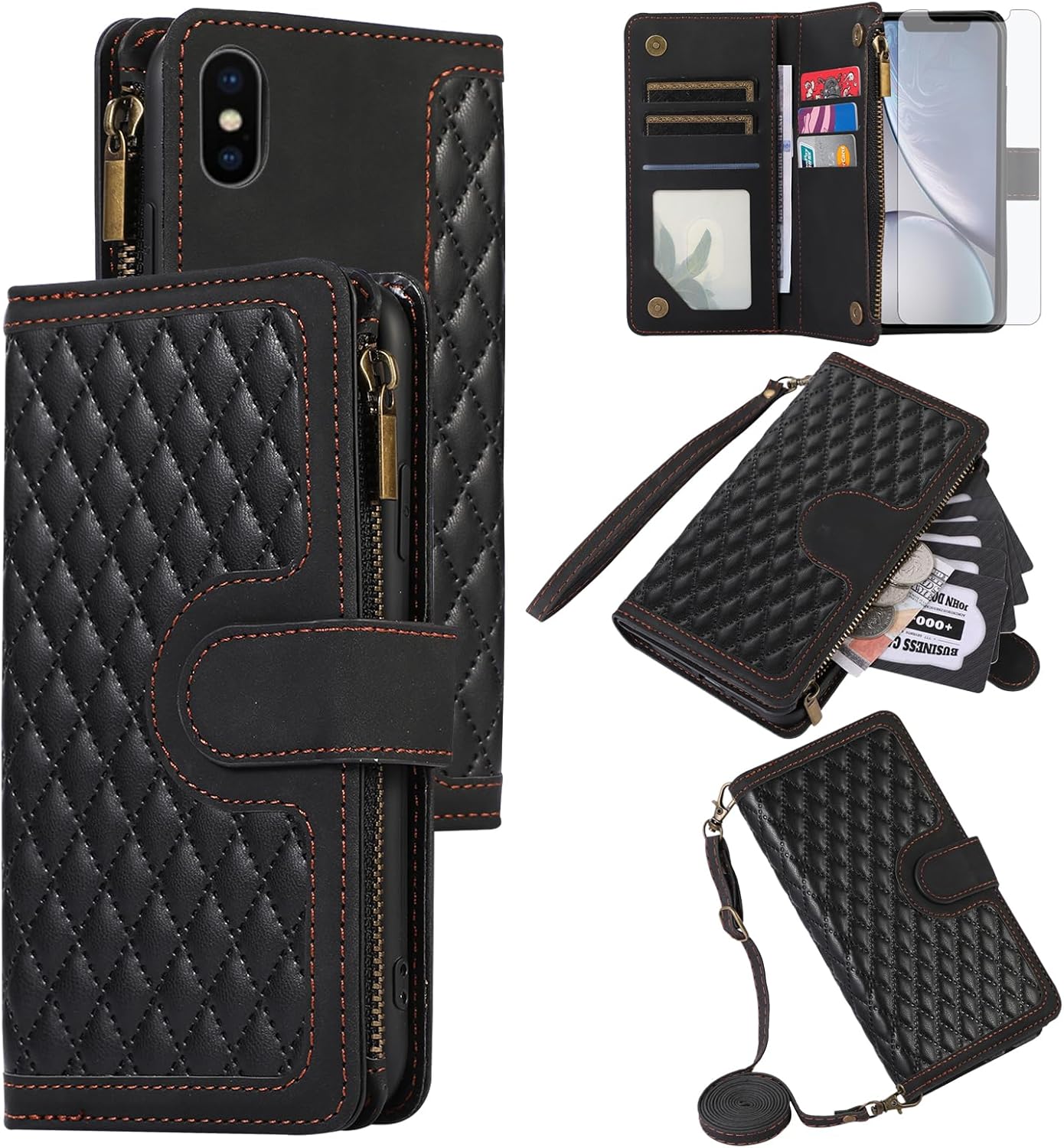 Asuwish Phone Case for iPhone Xs Max Wallet Cover with Tempered Glass Screen Protector and Wrist Strap Leather Flip Zipper Card Holder Cell i X XR Xsmax 10x SX Xmax 10xs 10s 10 Plus Xmaxs Women Black
