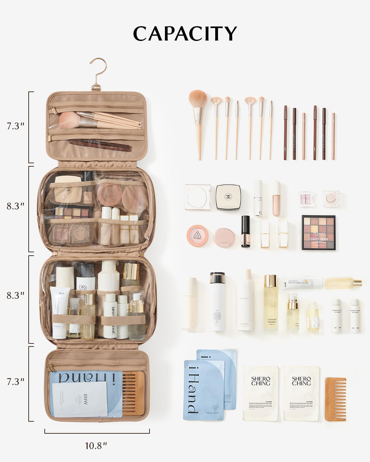 EACHY Travel Toiletry Bag with Hanging Hook, Portable Makeup Cosmetic Bags for Women, Water-Resistant Full-Size Travel Accessories (Pink) - Image 4