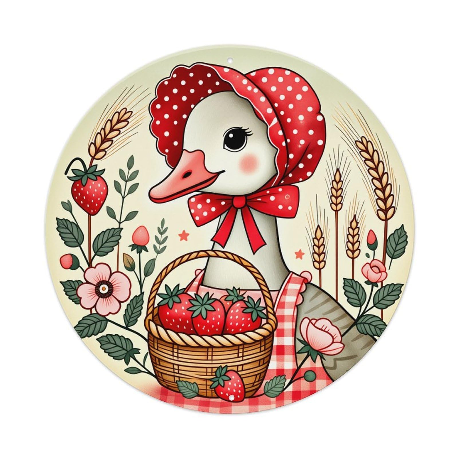 Duck With Basket Strawberry Pattern Vintage Round Tin Sign Retro Metal Wall Decor Metal Poster, Home Bar Garage Cafe Wall Art Decoration 8x8Inches