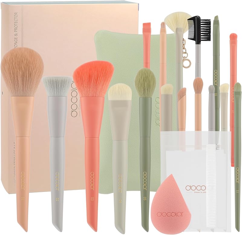 Docolor Makeup Brushes 17+2 Pcs with Makeup Bag and Makeup Sponge and Brush Protector Morandi Makeup Brush Set Premium Synthetic hair makeup brush Wooden handle Gift Box
