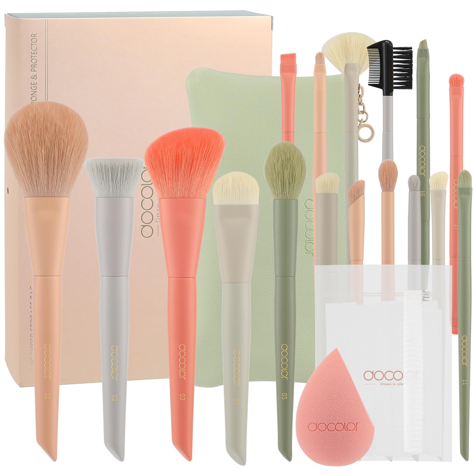 Set Pennelli Make Up 17 Pezzi Synthetic con Spugnetta e Trousse in Pelle PU per Fondotinta, Correttore, Blush, Ombretto
