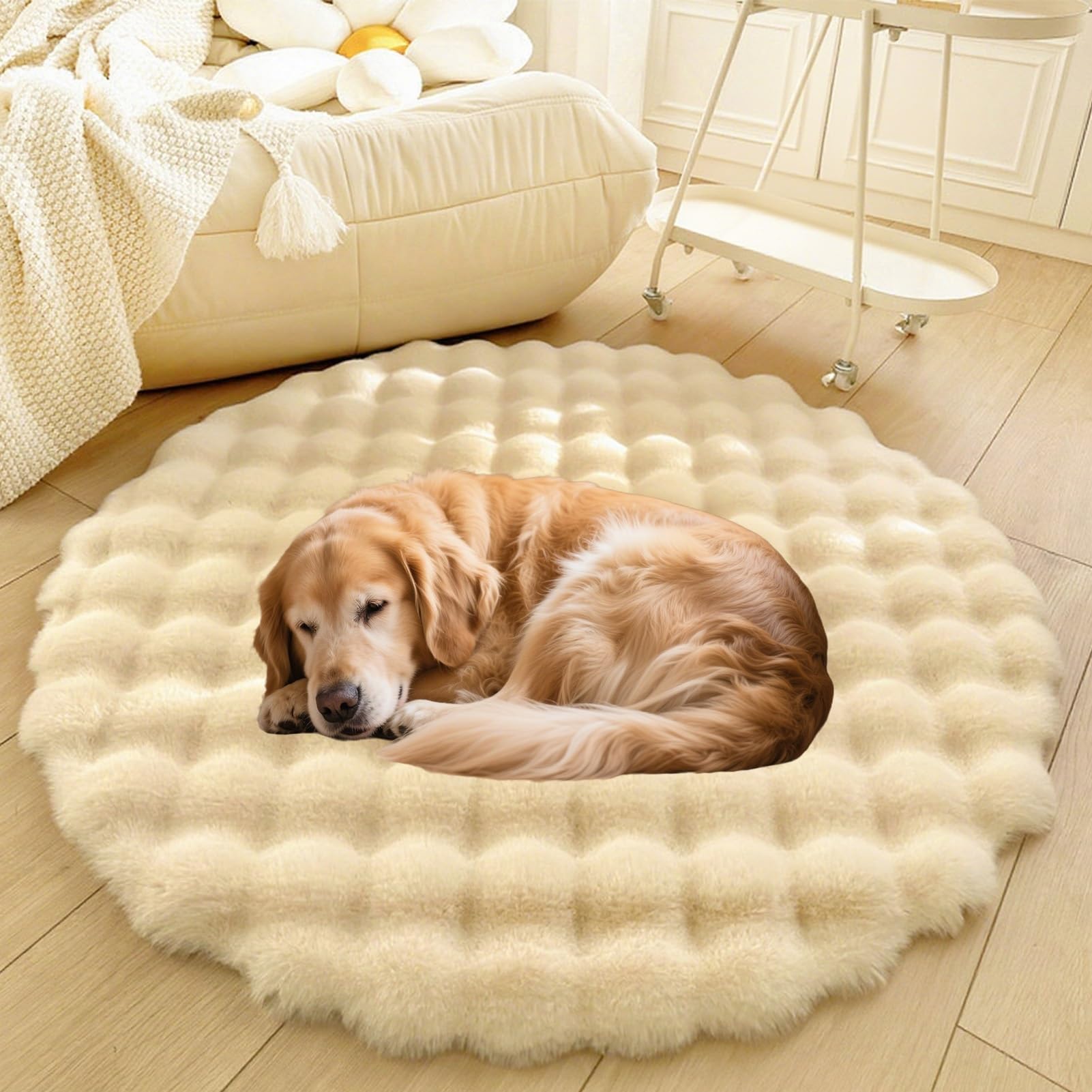 Divano per Cani E Gatti Con Fondo Antiscivolo, Tappeto Rotondo Lavabile, Moderno Letto A Pelo Lungo Da Posizionare Accanto Al Pavimento, Tappetino per Soggiorno(Beige,47in)
