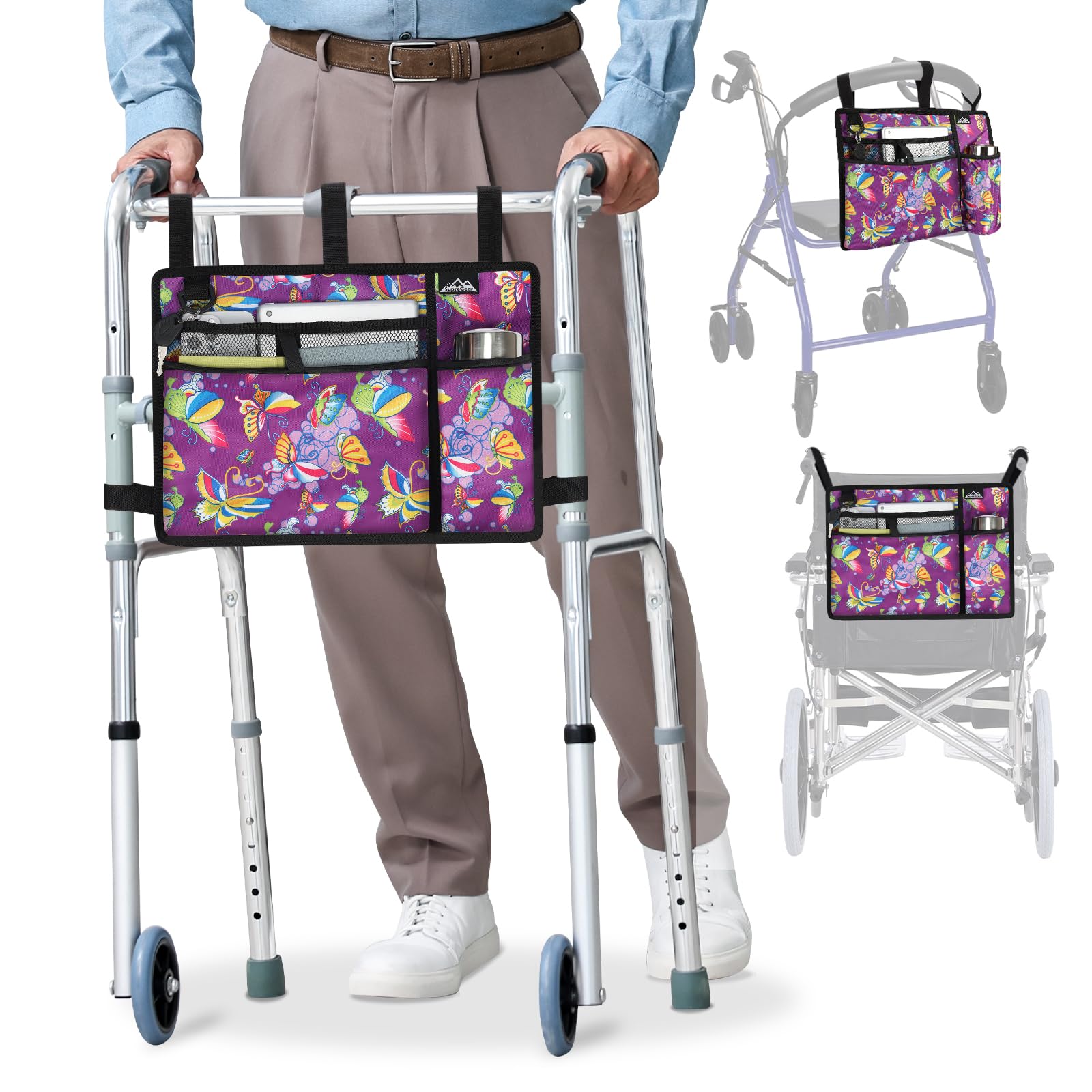 supregear Borsa per Sedia a Rotelle con Portabicchieri, Borsa per Girello Resistente All'acqua Cestino Accessori per Camminatore Pieghevole per Sedie a Rotelle, Deambulatori, Scooter (Farfalla Viola)