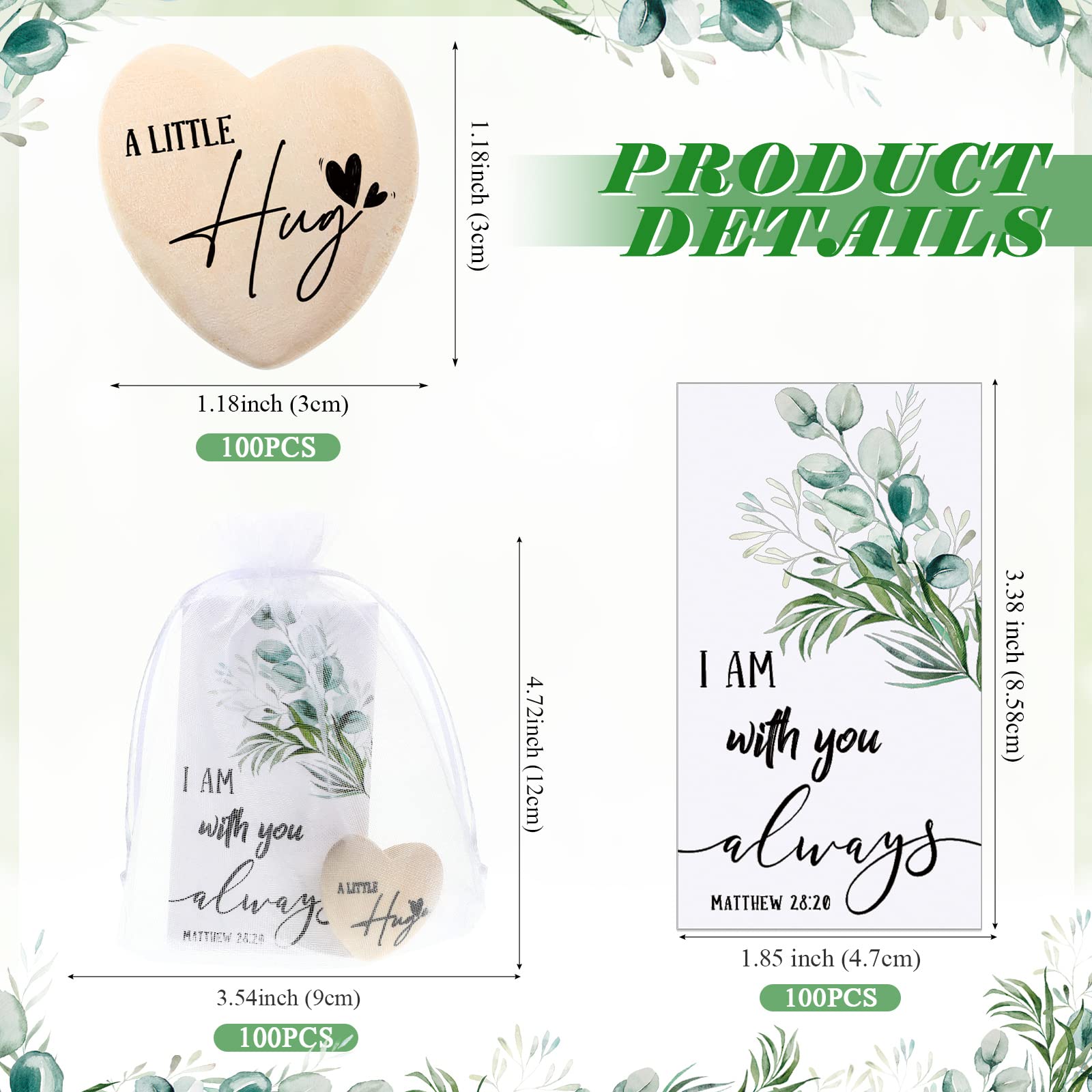 Bucherry 100 Sets Wooden Heart Pocket Hug Token with Bible Hug Card Organza Bag Bulk Student Pocket Reminder Keepsake Heart Charm for Family Friend Colleagues