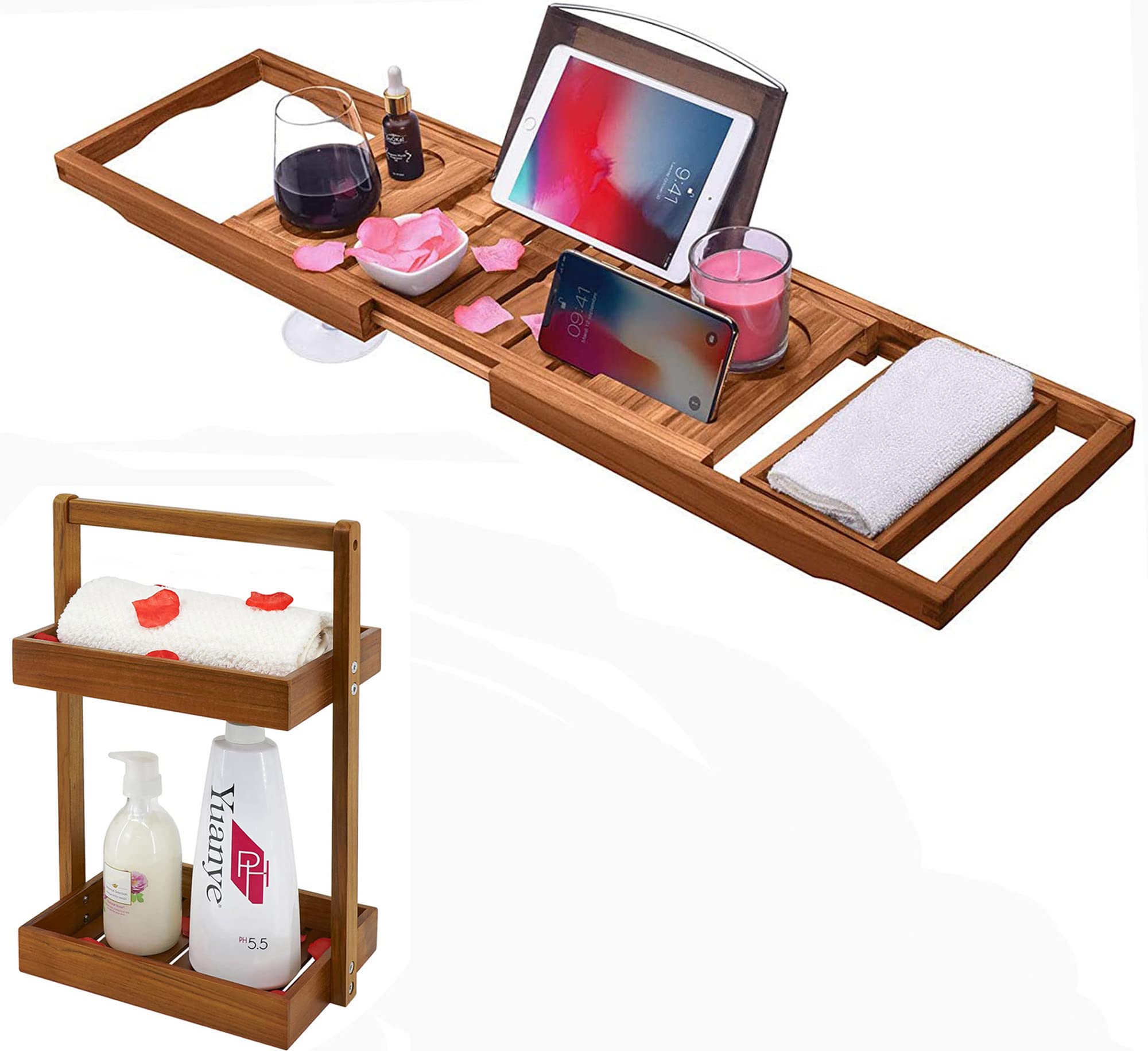 Utoplike Teak Bathtub Caddy Tray Bath Tray for Tub and Teak Wood Shower Caddy Corner 2 Tier Bathroom