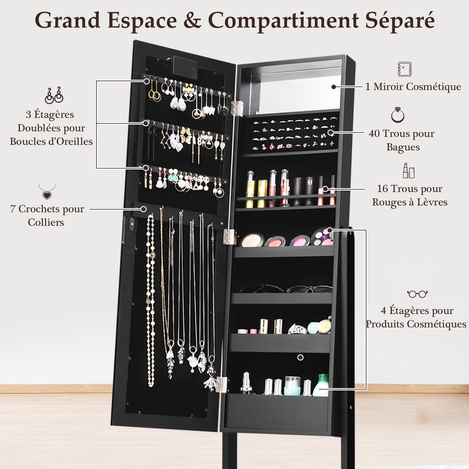 RELAX4LIFE Armoire à Bijoux sur Pieds avec Miroir et Lumière LED, Miroir Bijoux sur Pied avec 4 Couches pour Anneaux, Boucle d'oreille, Bracelet, 16 Rouge à Lèvres, Blanc/Noir (Noir)