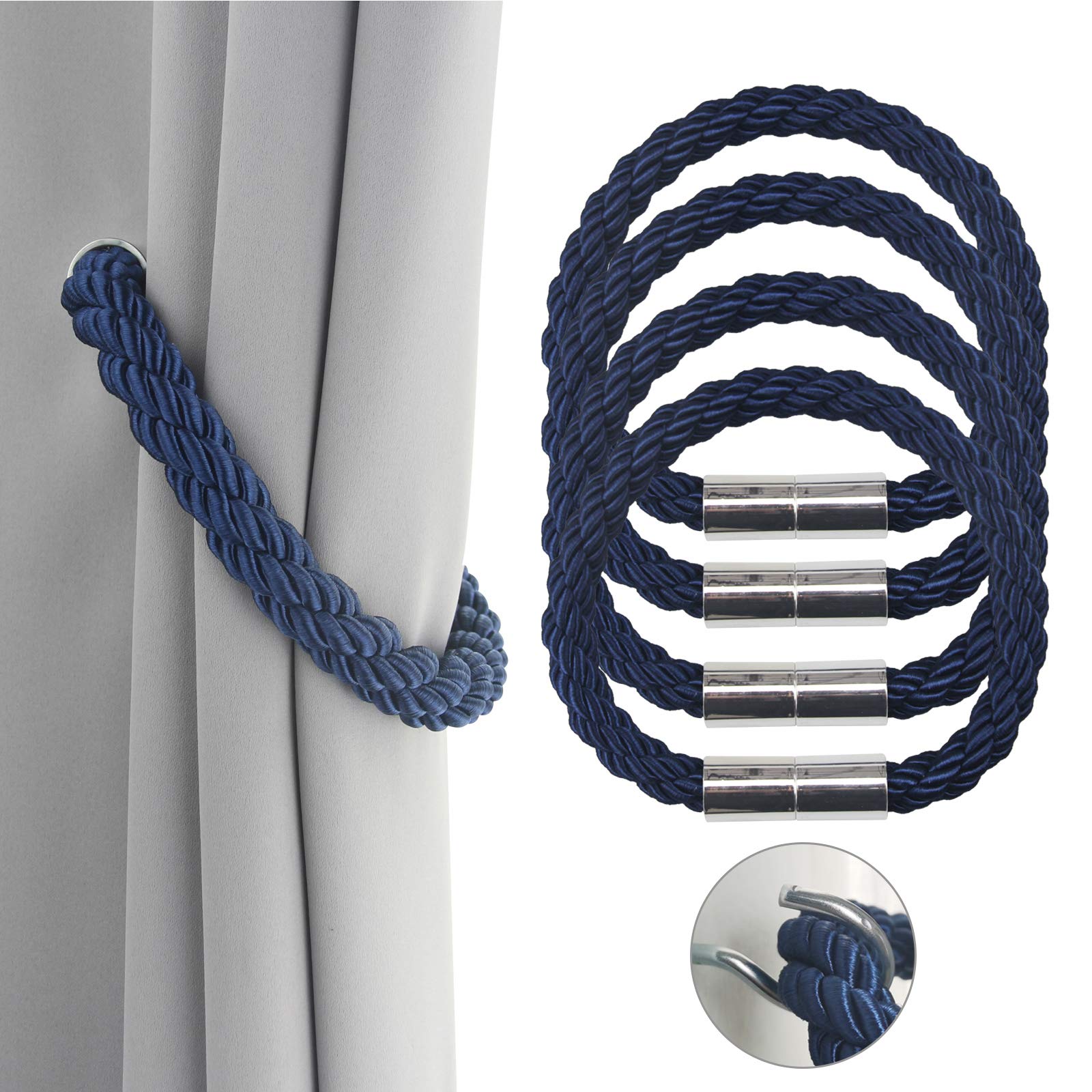 OUdini Curtain Tiebacks, Curtain Rope Holdbacks Curtain Ties Backs for Thin or Thick Window Draperies/Navy/4Pcs