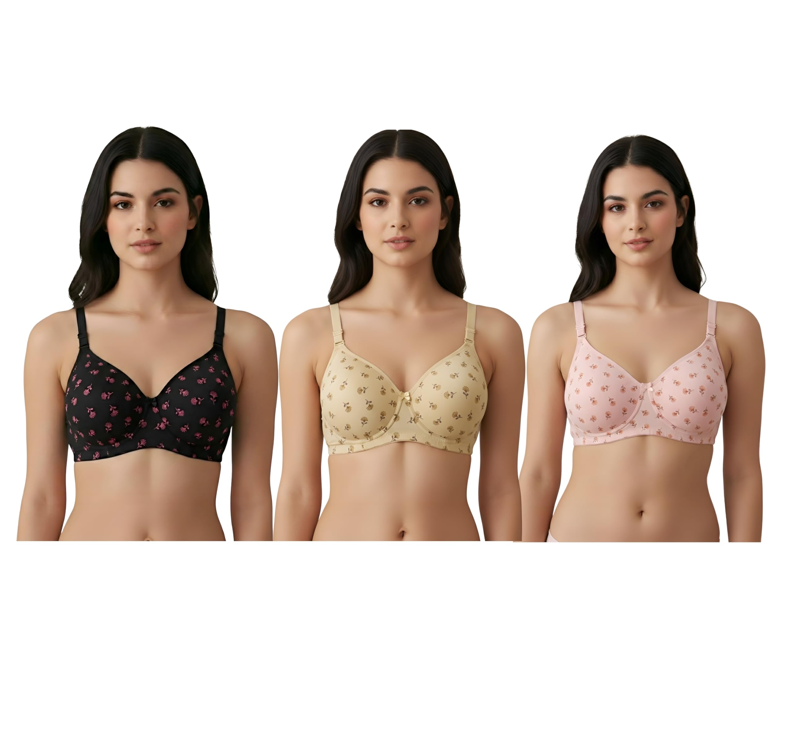 Lewiss Women's Cotton Lightly Padded Bra, Wirefree T-Shirt Bra Combo Pack of 3, for Womens-image-46
