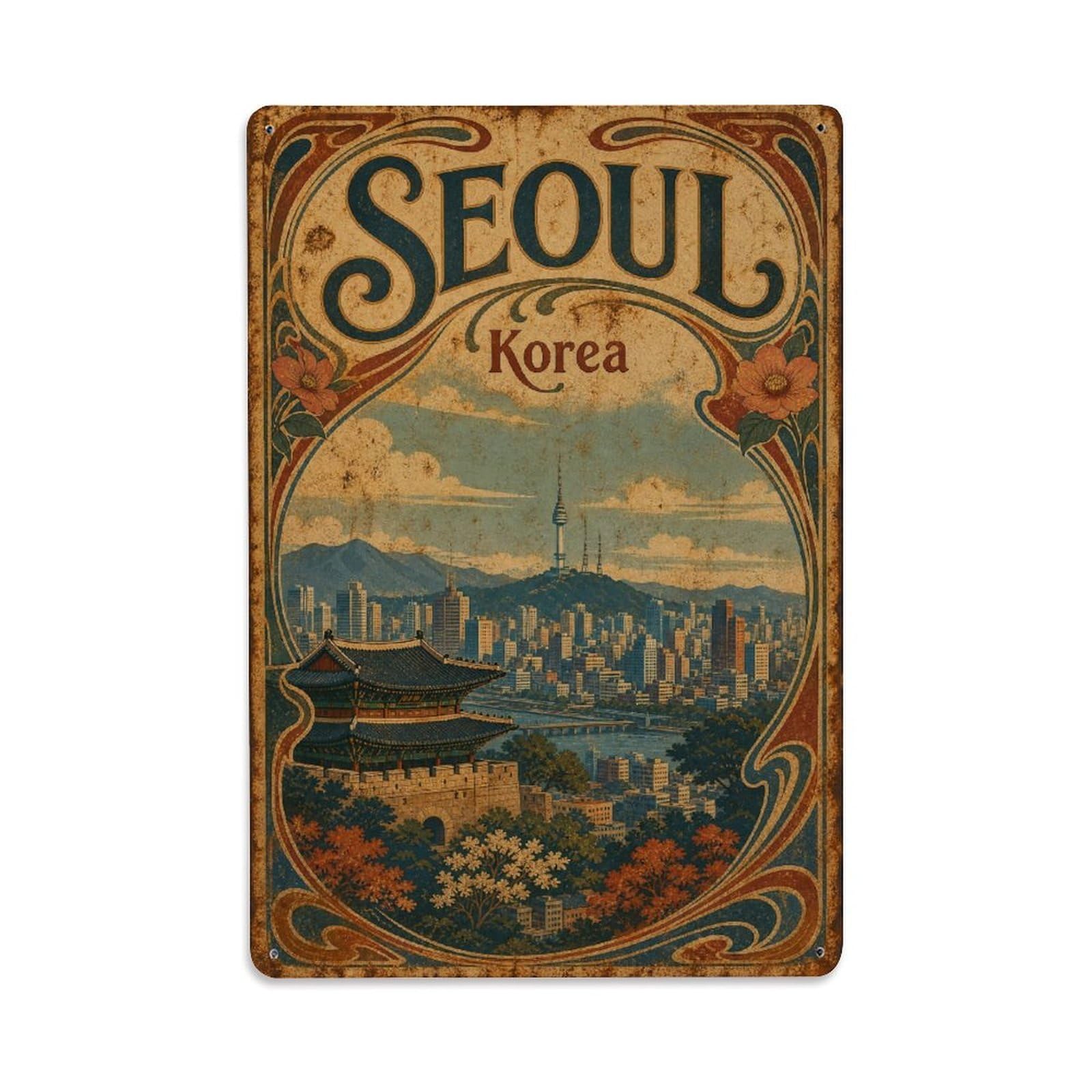 Vintage Seoul Korea Skyline Travel Destination Metal Tin Sign