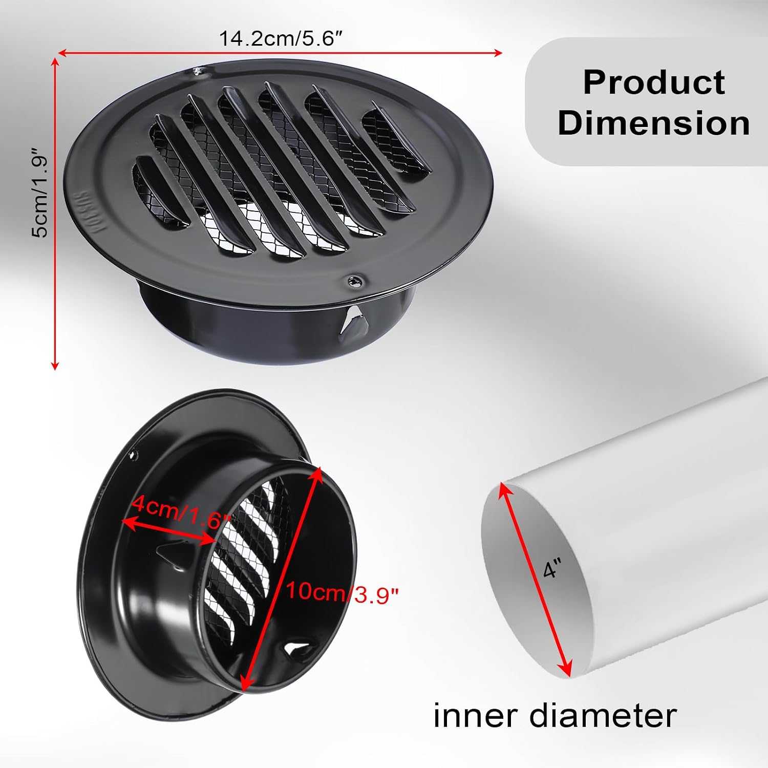 2 PCS 4 Inch Stainless Steel Air Vents Round Black Soffit Vent Cover Air Vent Flat Ducting Air Outlet with Built-in Fine Mesh for Kitchen, Bathroom, Garage, Office and Warehouse Ventilation 4-inch (100mm)-2 Pack