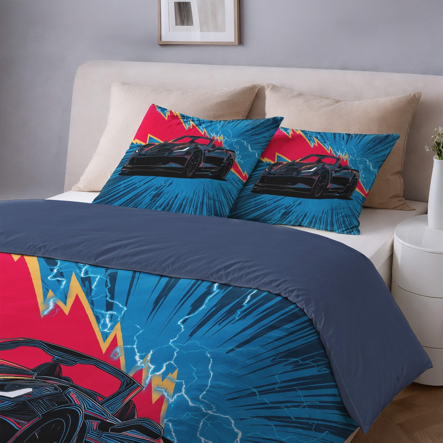 Niebieski Czerwony Komiks Fantasy Błyskawica Samochód Sportowy 260 x 240 cm Poszewka na kołdrę Trwała łatwa w pielęgnacji Pościel Zestaw pościeli dla dzieci i dorosłych