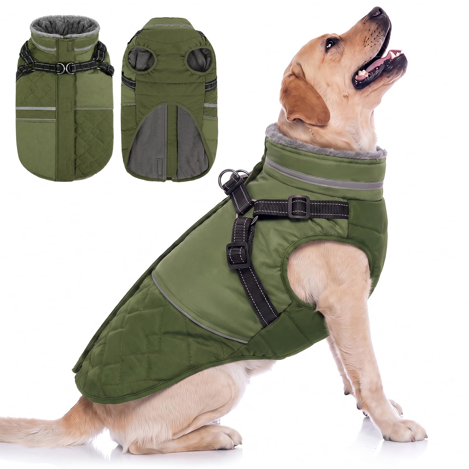 Queenmore Dog Coats Waterproof With Harness, Reflective, Green, 2XL