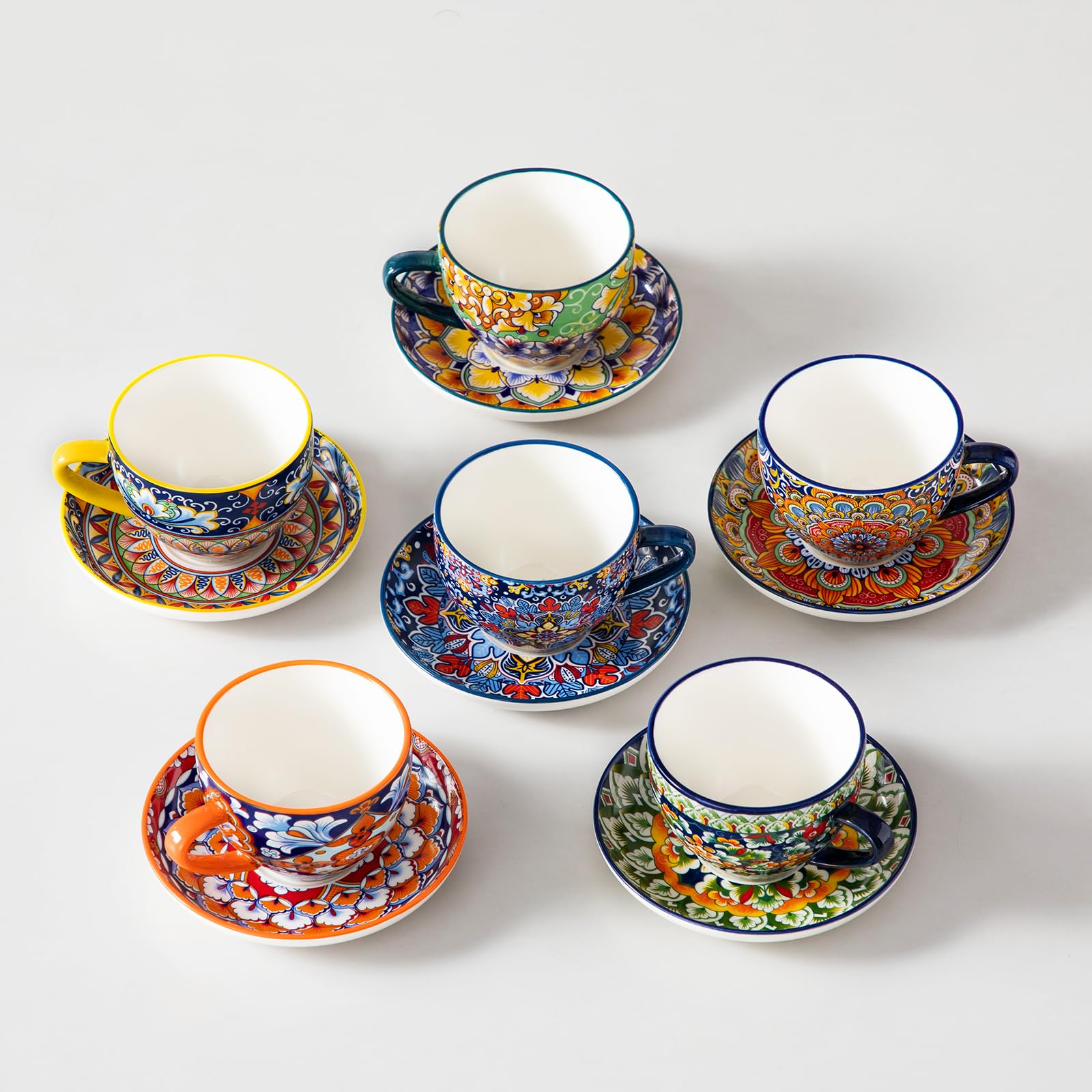 vancasso SIMI Cappuccino Tassen mit Untertassen 6er Set - 240 ml - Kaffeetassen aus Bunt Porzellan, Geschirr Tasse Becher für 6 Personen, Mikrowellengeeignet, Böhmischer Stil