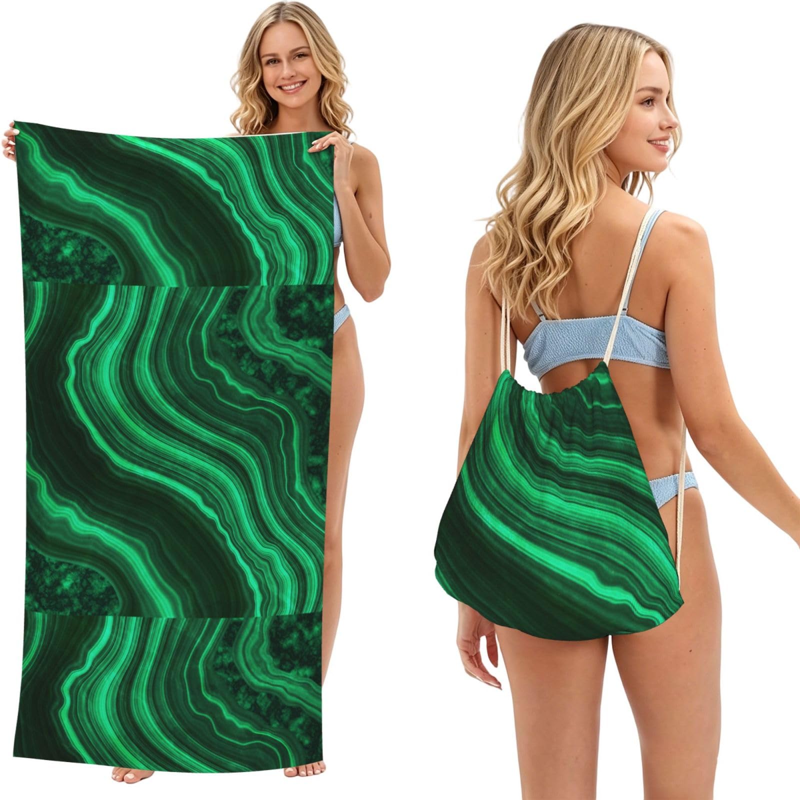 Poadnly As Picture Malachite Texture, 2 In 1 Packable Towel Bag, Beach Towels With Drawstring Backpack For Travel Holiday Camping