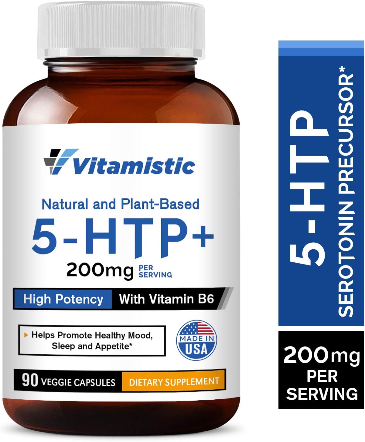 5-HTP 200mg 90 Time-Release Veggie Caps, from Griffonia Seed Extract, Enhanced with Vitamin B6 for Improved Serotonin Conversion, Appetite Control, Non-GMO