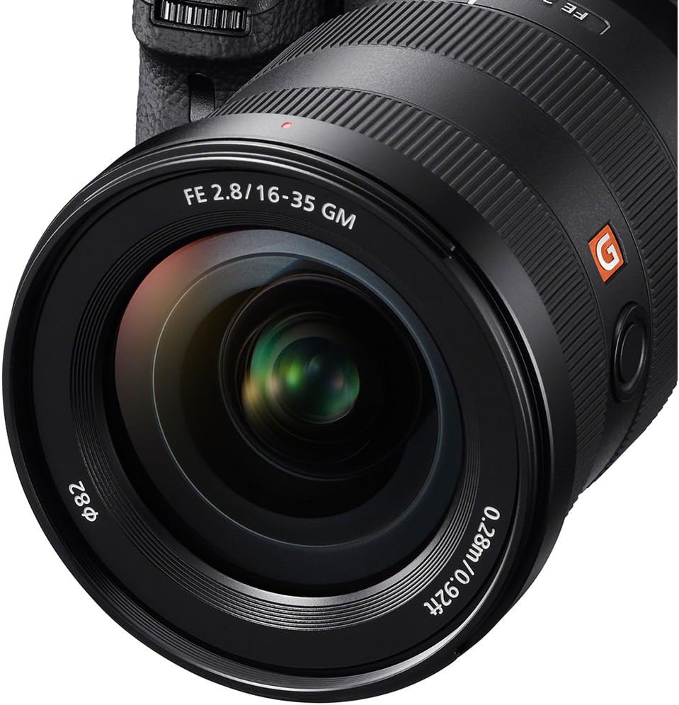 Front element of the Sony FE 16-35mm F2.8 GM lens showing the 82mm filter thread