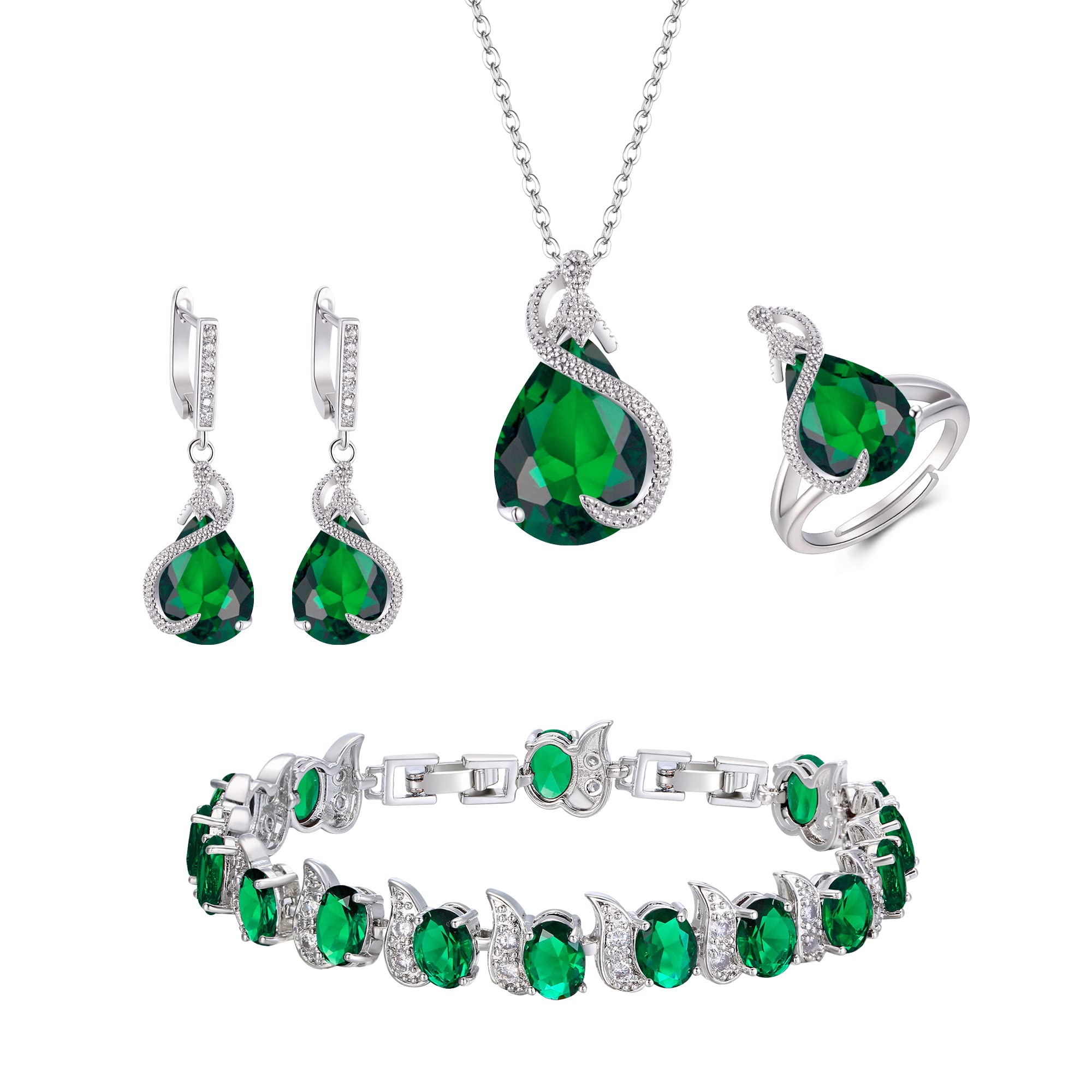 EVER FAITH Juegos de Joyas Mujer Circonita Cúbica en Forma de Lágrima para Novia, Glamour Colgante Collar Pendientes Tenis Pulsera Abierto Anillo Conjunto para Mujeres Fiesta