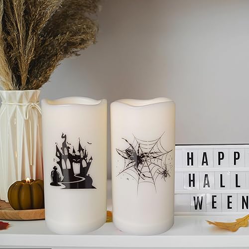 Miniatura 2 de Paquete de 2 velas LED de Halloween a pilas de 3 x 6 pulgadas, diseño de castillo de araña, velas parpadeantes sin llama de plástico con