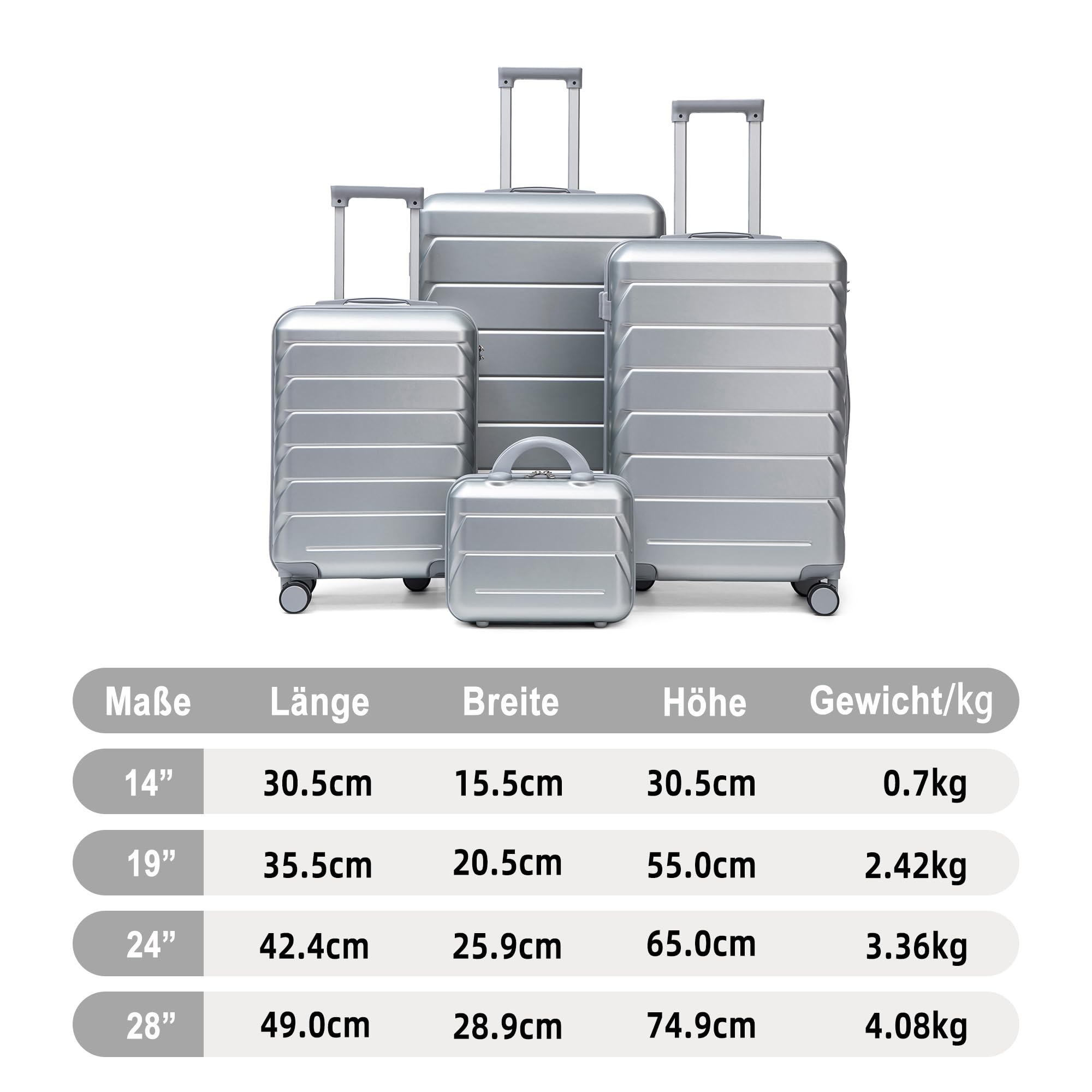 Set di Valigie Rigide in ABS, per Viaggi e Vacanze, Argento, 4 Pezzi