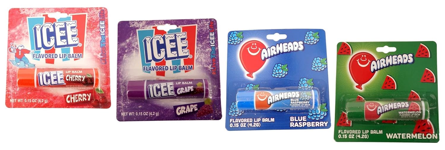 Labs - Bálsamo labial con sabor a caramelo ICEE y Airhead (paquete de 4.15 onzas cada una) ICEE cereza y uva, Airheads frambuesa azul y sandía,
