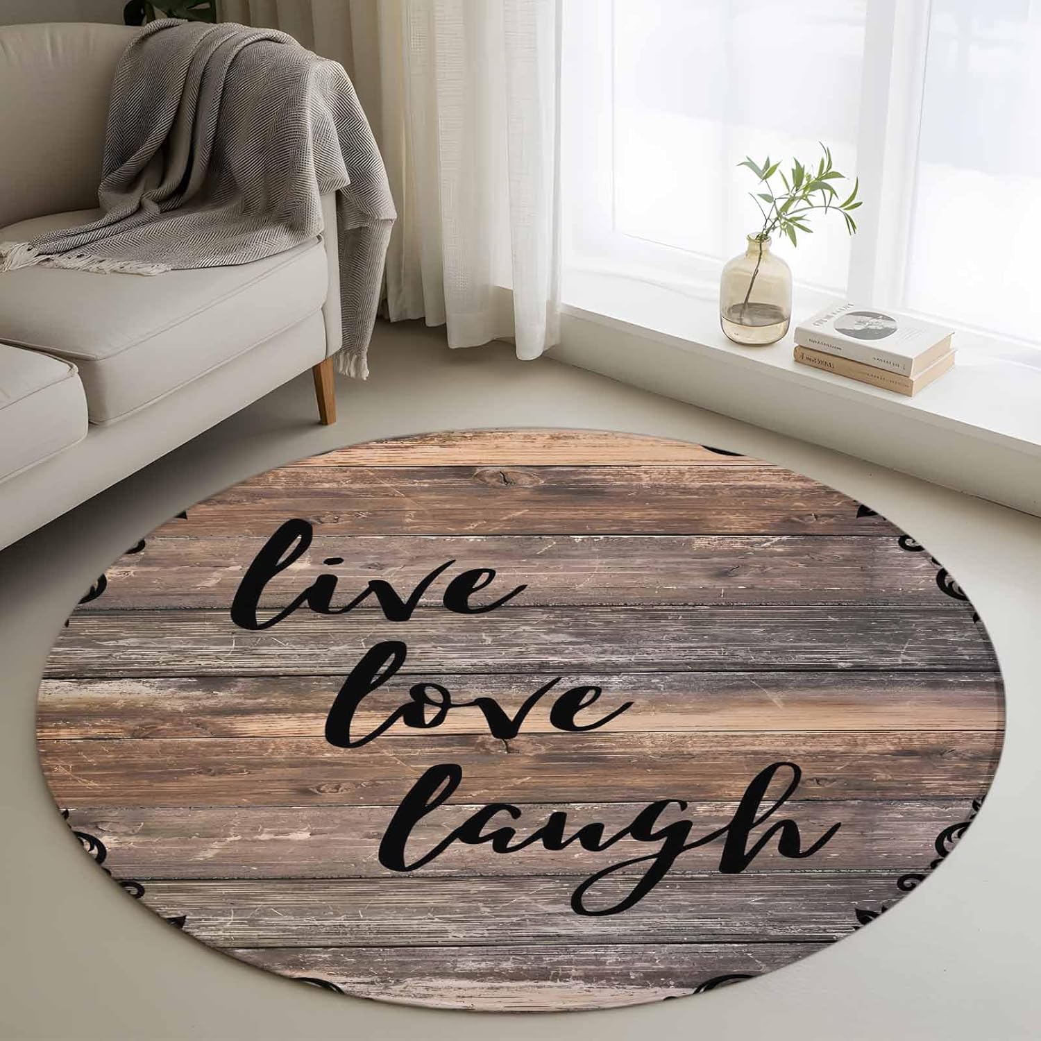 Area Rugs for Living Room, Vintage Brown Wood Grain Farm Live Love LAUGHE Non-Slip Round Carpet 3.3ft Washable Entryway Indoor Floor Circle Rugs for Bedroom Dining Room Office Home Decor