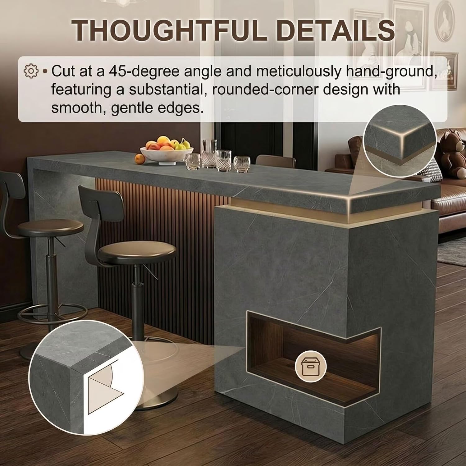 Bar Table - High Top Bar Table with Grey Stone Effect, Modern Living Room Tall Counter Includes Hidden Storage Shelf for Living Room (56IN No Chairs)