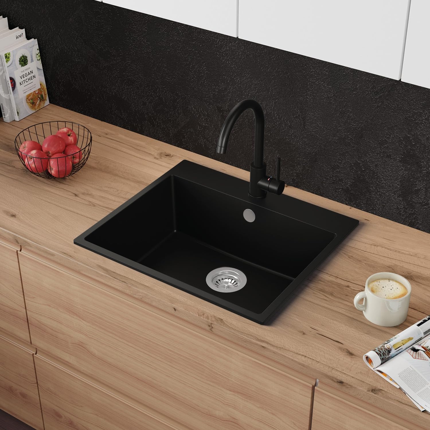 Granitspüle 58x50cm für Unterschrank 60 cm | Küchenspüle mit 1 Becken Amber 60 | Schwarz