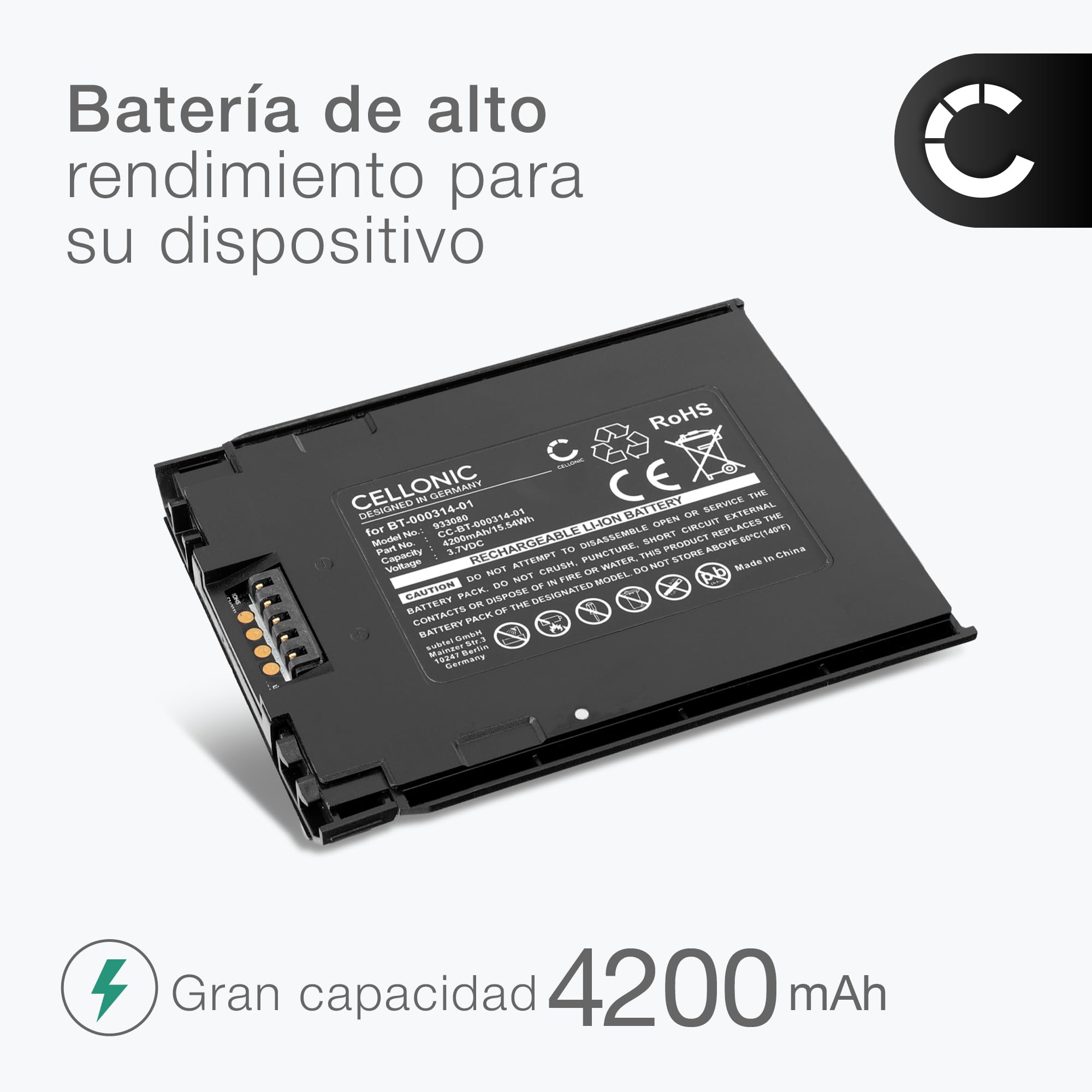CELLONIC 1x Batería Compatible con Zebra BT-000314-01, TC57, TC56 | 1x, (4200mAh-3.7V-Ion de litio), Escáner códigos de barras Batería, para Zebra BTRY-TC51-43MA1-01, TC52, BT-000314A, TC51