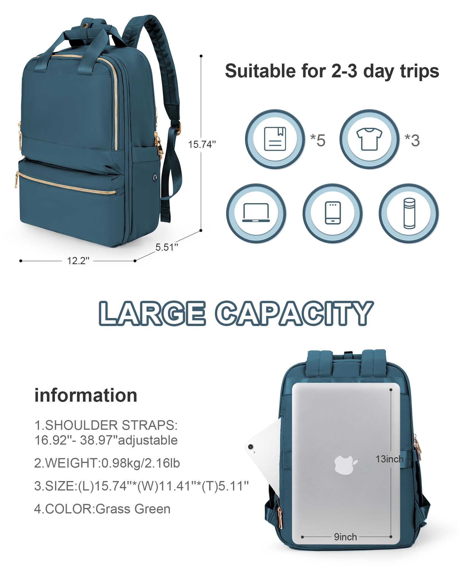 Bergsalz Zaino Donna Uomo Ryanair 40x20x25 Da Viaggio Sportivo Impermeabile Aereo Bagaglio a Mano Università Casual Per Laptop Da 14 Pollici Blu Pavone