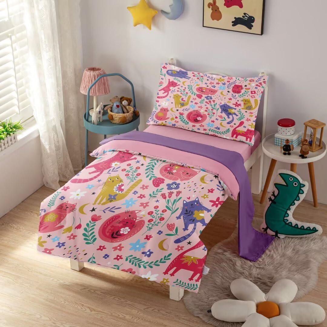 BELVED MIME 4 Piece Pink Toddler Bedding Sets for Girls, Cute Floral Cat Toddler Comforter Sets for Girls,Ultra Soft Toddler Cat Bed Set Includes Comforter, Flat Sheet, Fitted Sheet, Pillowcase