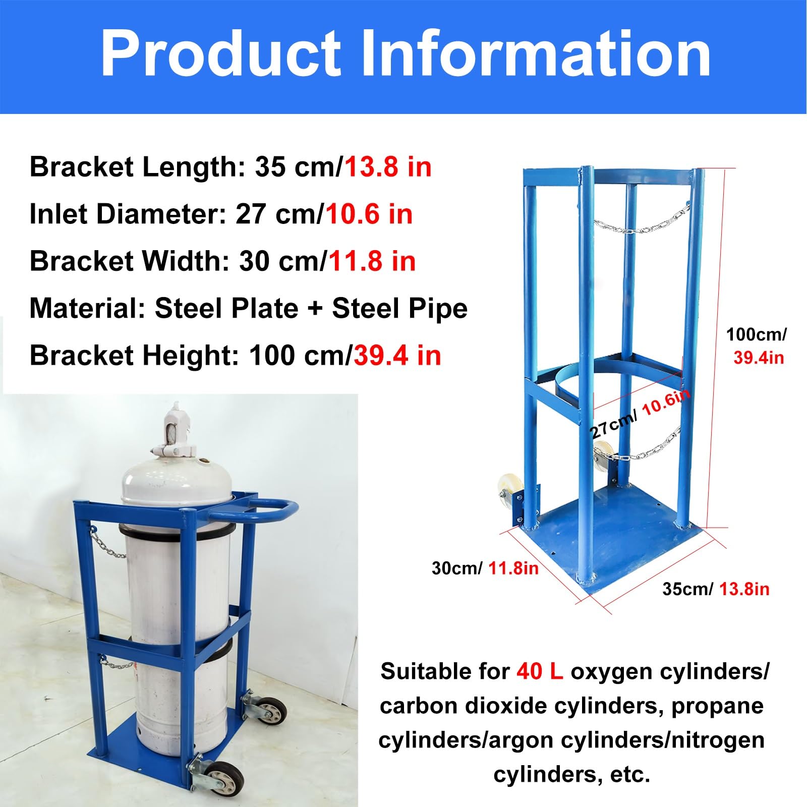 YXXSDP Wózek transportowy do zbiorników tlenu, uchwyt na zbiornik azotu z kołami, uchwyt na zbiornik wodoru dla fabryk i szkół. (Średnica wlewu 27 cm/10,4 cala)