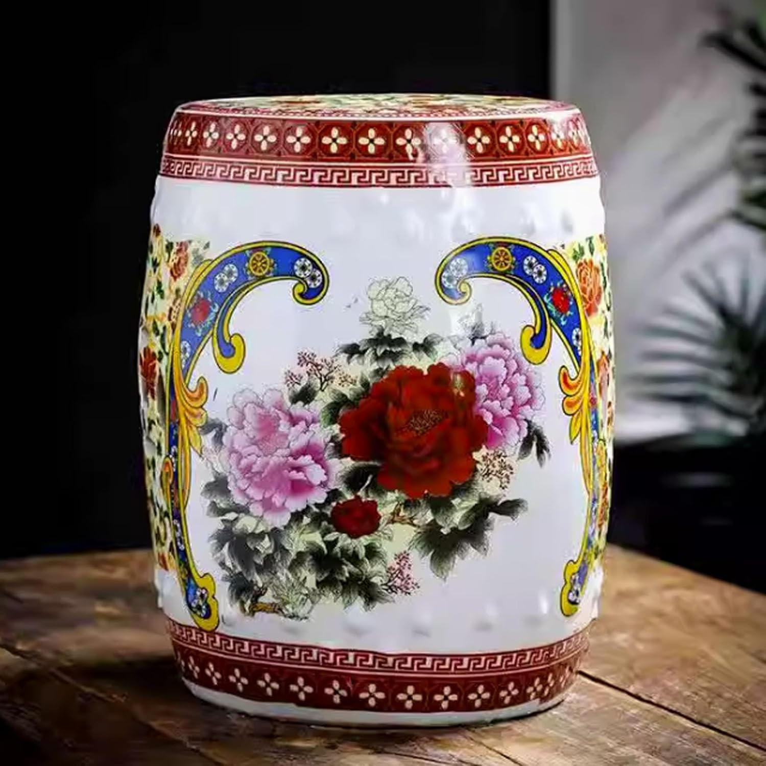 Decorative Garden Stool, Ceramic Decorative Garden Stool, Ceramic Drum Garden Stool, Decorative Garden Stool Glazed, Chinoiserie Ceramic Drum Garden Stool with Floral Design(Peony)