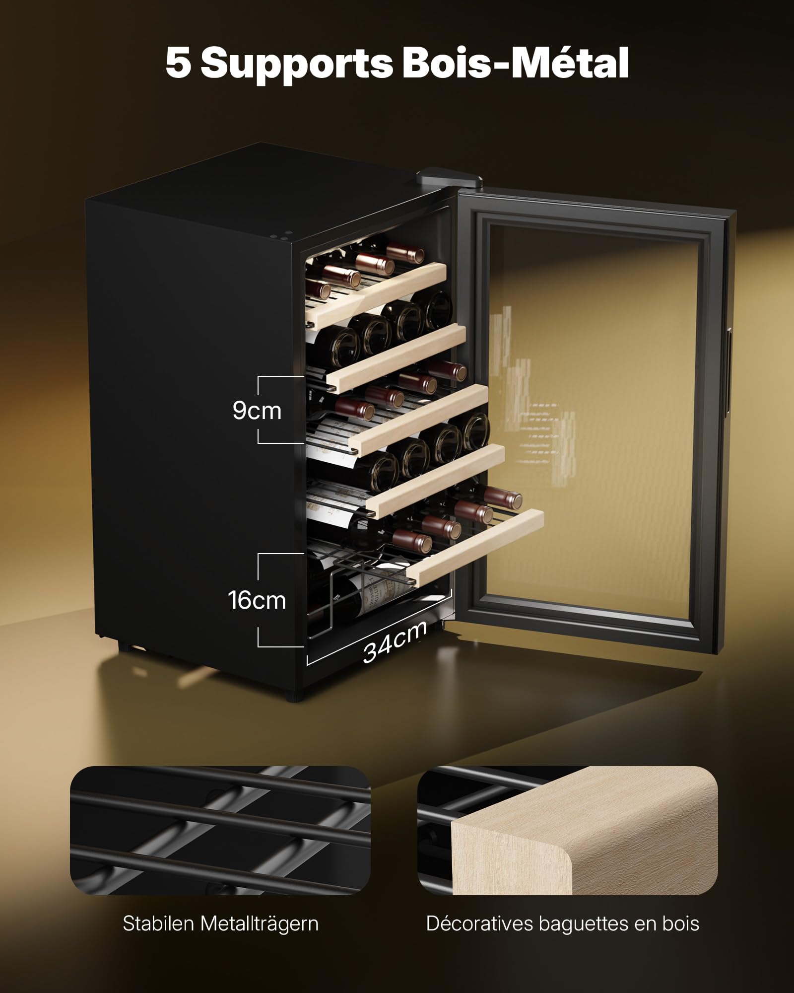 Upstreman W24 Cave à Vin 24 Bouteilles Encastrable Sous Plan Double Vitrage Écran Tactile Éclairage LED 5 Étagères Noir
