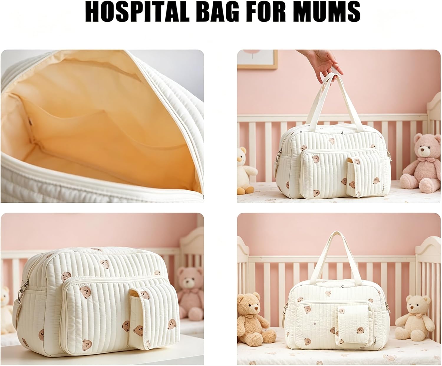 Large Diaper Tote Bag, 3D Quilted Flower Pattern Shoulder Tote, Multi-Pocket Hospital Bag with Adjustable Strap, for Travel Work Gym School Vacation