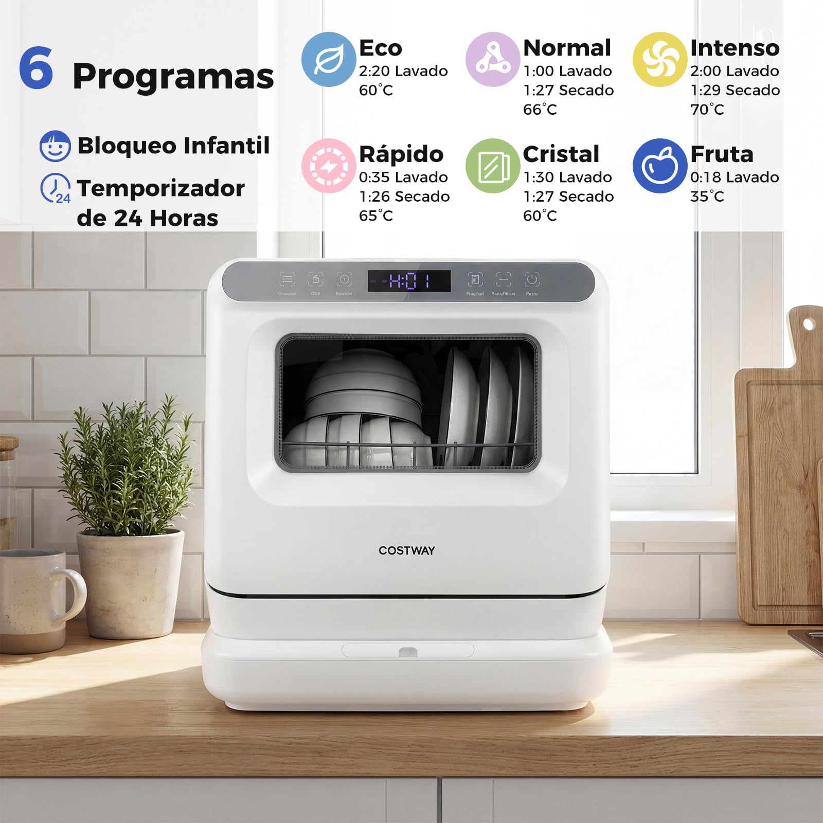 COSTWAY Lavavajillas Pequeño 45cm, 6 Programas, Mini Lavavajillas Compacto sobremesa de 3 Cubiertos, Depósito de Agua 8,25 L, Secado por Aire y Brazos Rociadores Dobles de 360°