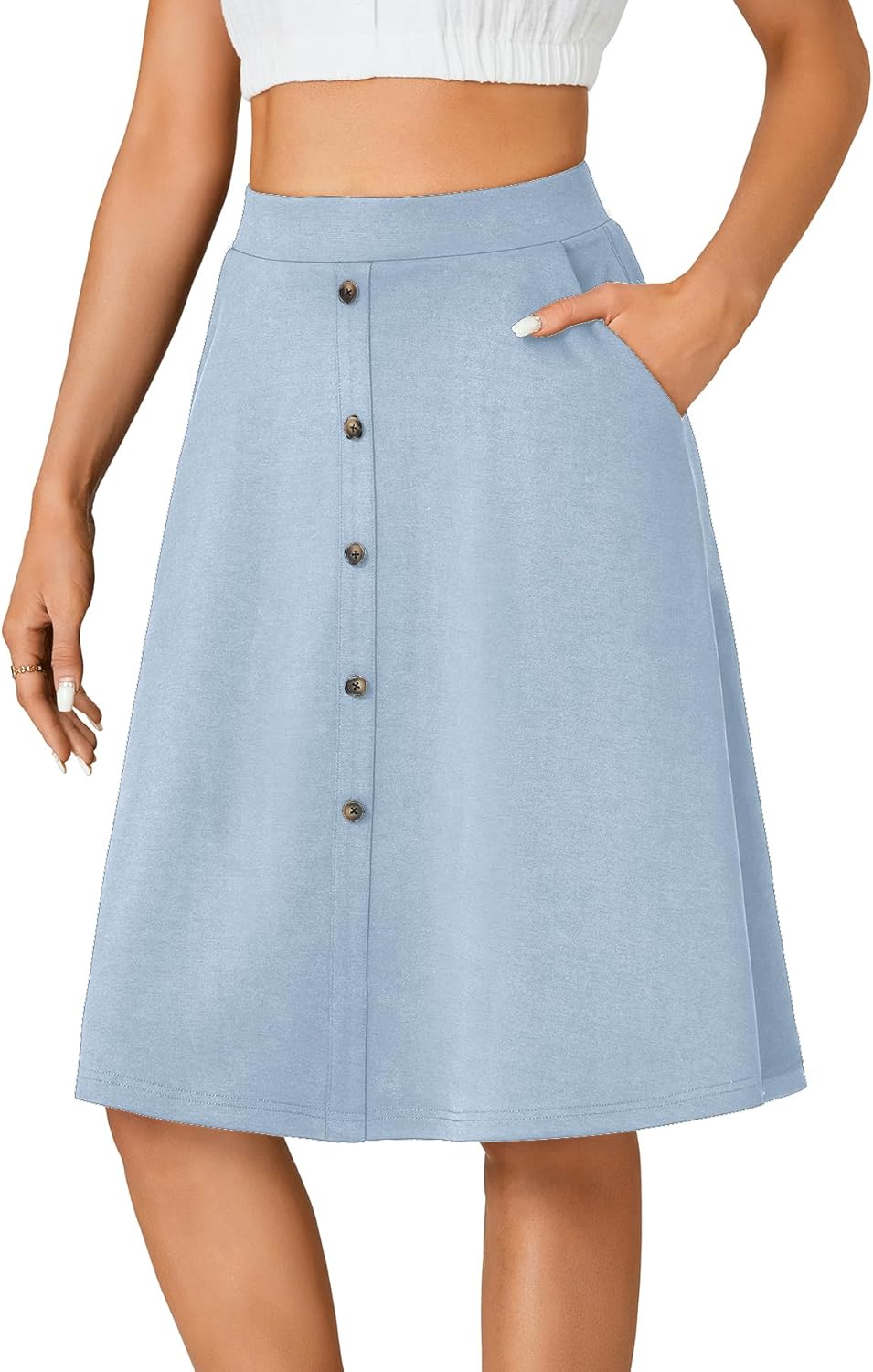 LYANER Women's Stretchy High Waist A-Line Midi Skirt Flared Vintage Casual Skirts with Pockets