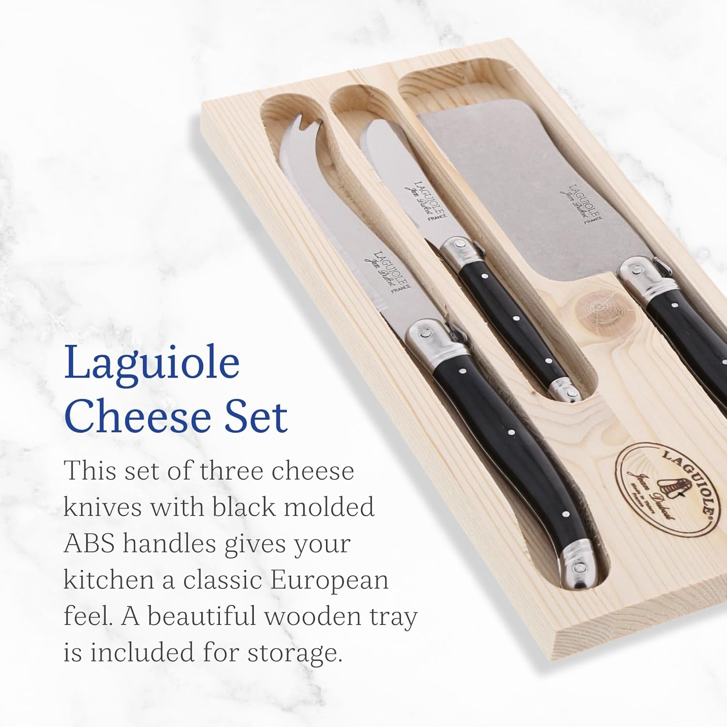 Jean Dubost Laguiole 3-Piece Cheese Set, Black Handles - Rust-Resistant Stainless Steel - Includes Wooden Tray - Made in France