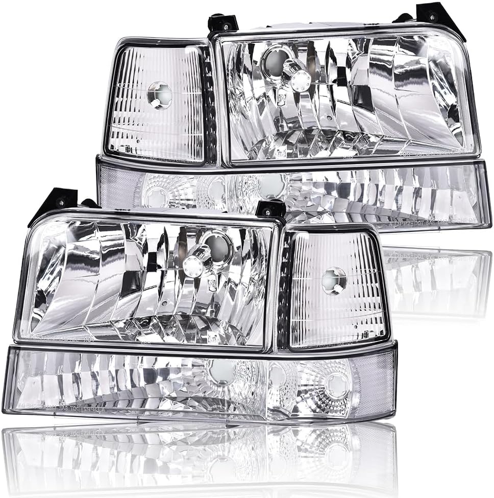 GRAND ORANGE Headlights w/Corner Signal Lamp +Bumper Lamps Compatible with 1992-1996 Ford F150 Bronco/Fit 1992-1997 Ford F250 F350 Driver & Passenger Side F2TZ13008A F2TZ13008B FO2503114
