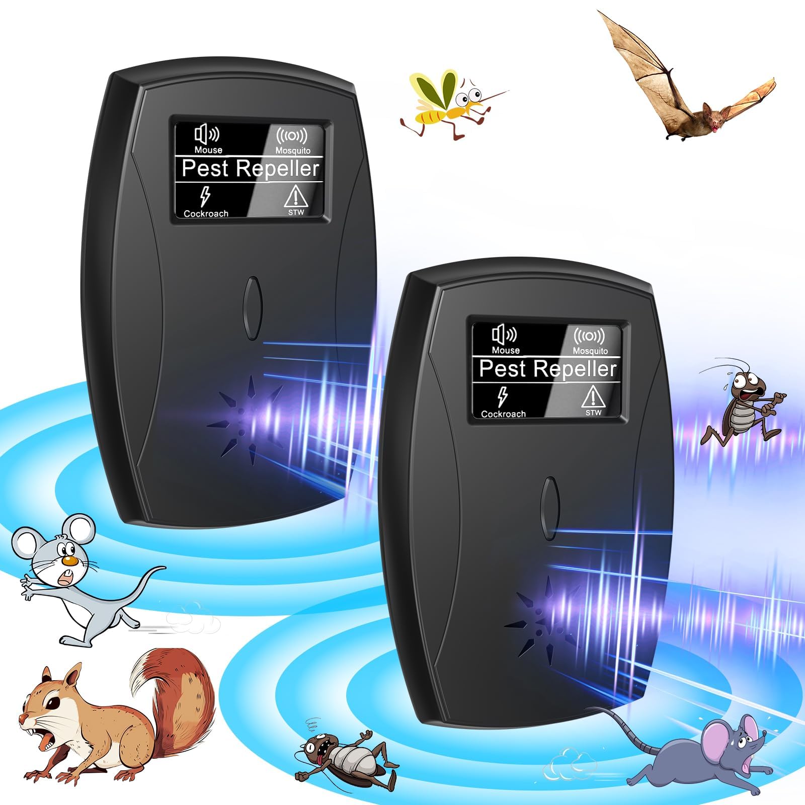 Ultrasonic Pest Repeller Indoor with LCD, 2 Pcs Plug in Rodent Repeller Ultrasound Repellent for Roach Rodent Mouse Bugs Mosquito Mice Spider, Electronic Repeller Indoor Pest Control