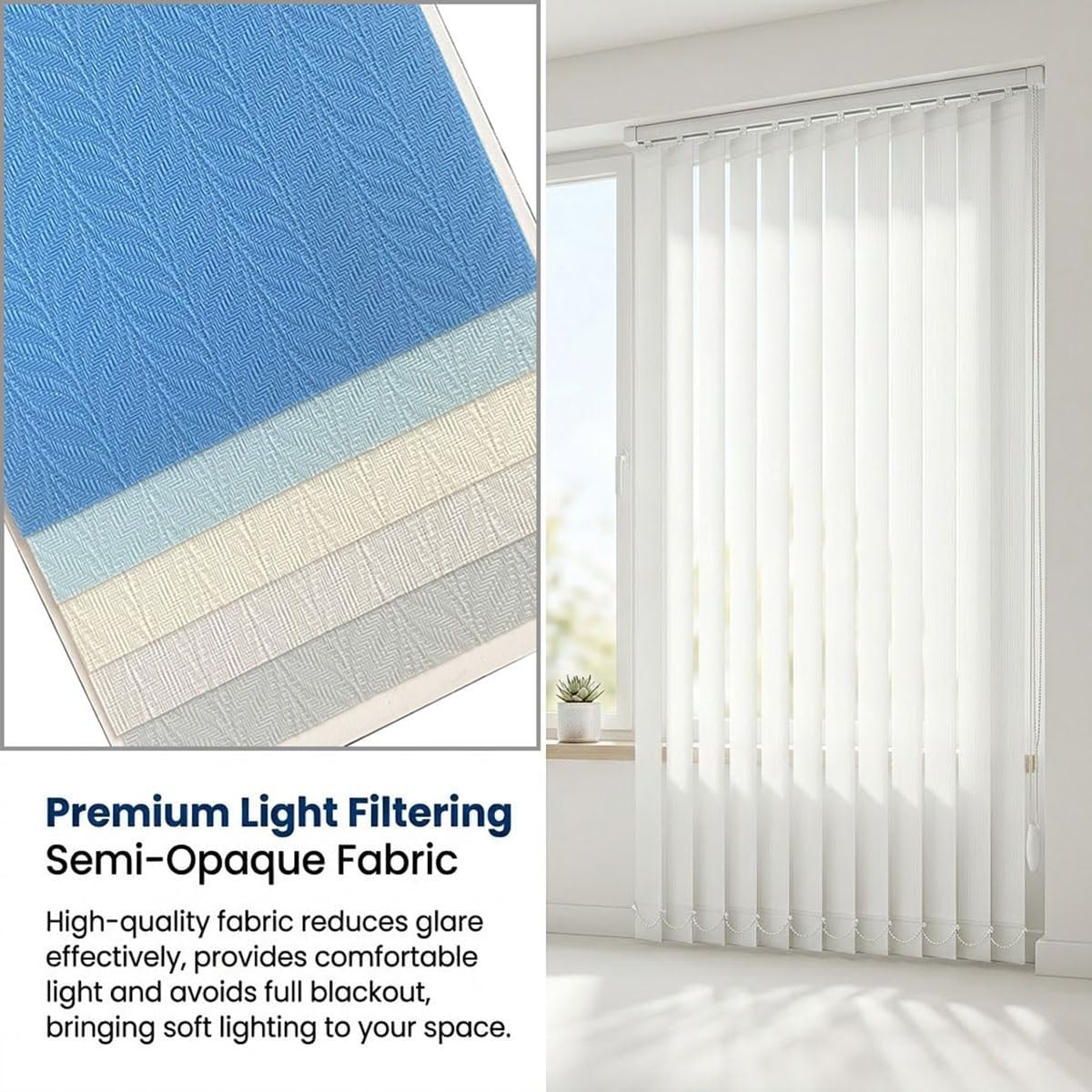 Cordless Vertical Blinds for Sliding Glass Doors, Blackout Fabric Vertical Window Blinds & Shades, 43" 51" 55" 63" 68" 78" 83" Privacy Room Divider for Large Windows, Patio Doors(White)